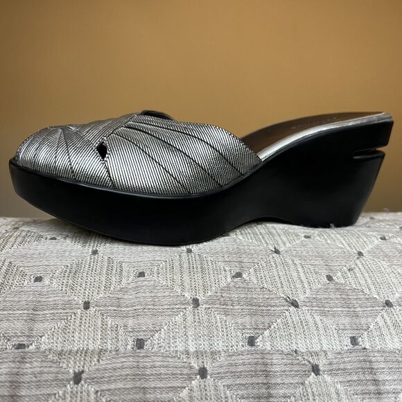 Cole Haan Metallic Silver Open Peep Toe Wedge Slip On Slide Sandal Women’s 8 B - Picture 2 of 16